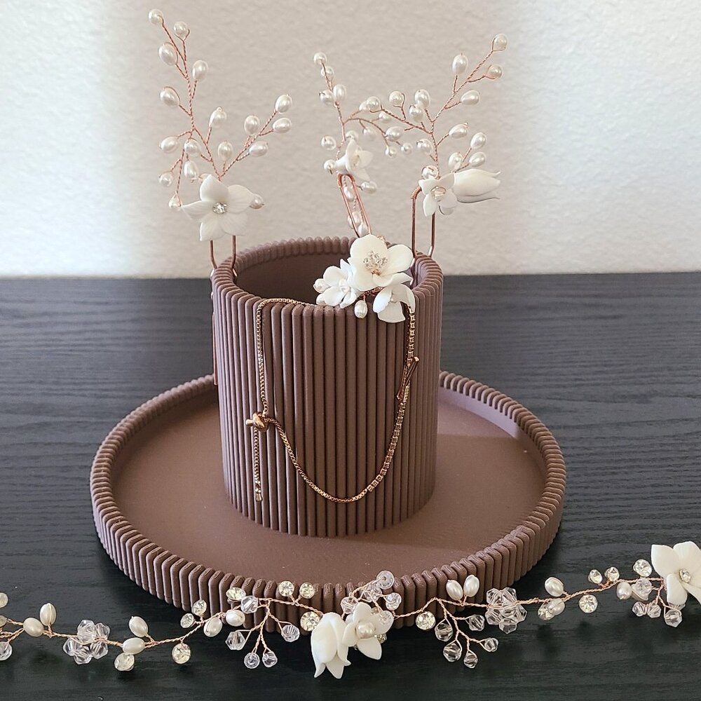 Rose Gold with White Ceramic Flowers Hair Vine, Hair Pins, and Wristlet Bundle
